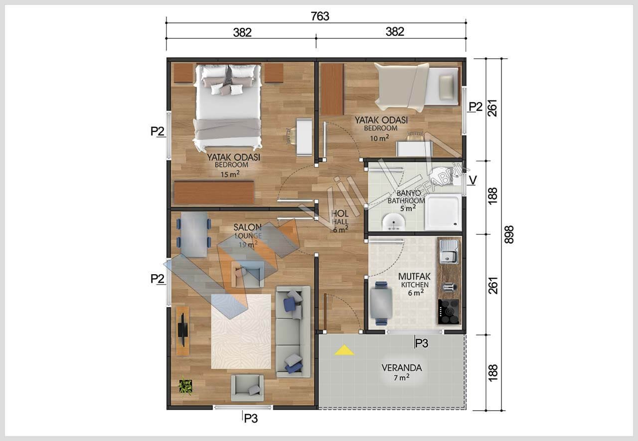 68 m2 FETHİYE TEK KATLI 2+1 PREFABRİK EV