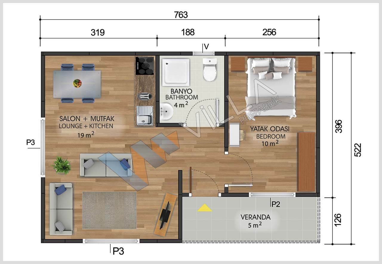 43 m2 KEMER TEK KATLI PREFABRİK EV