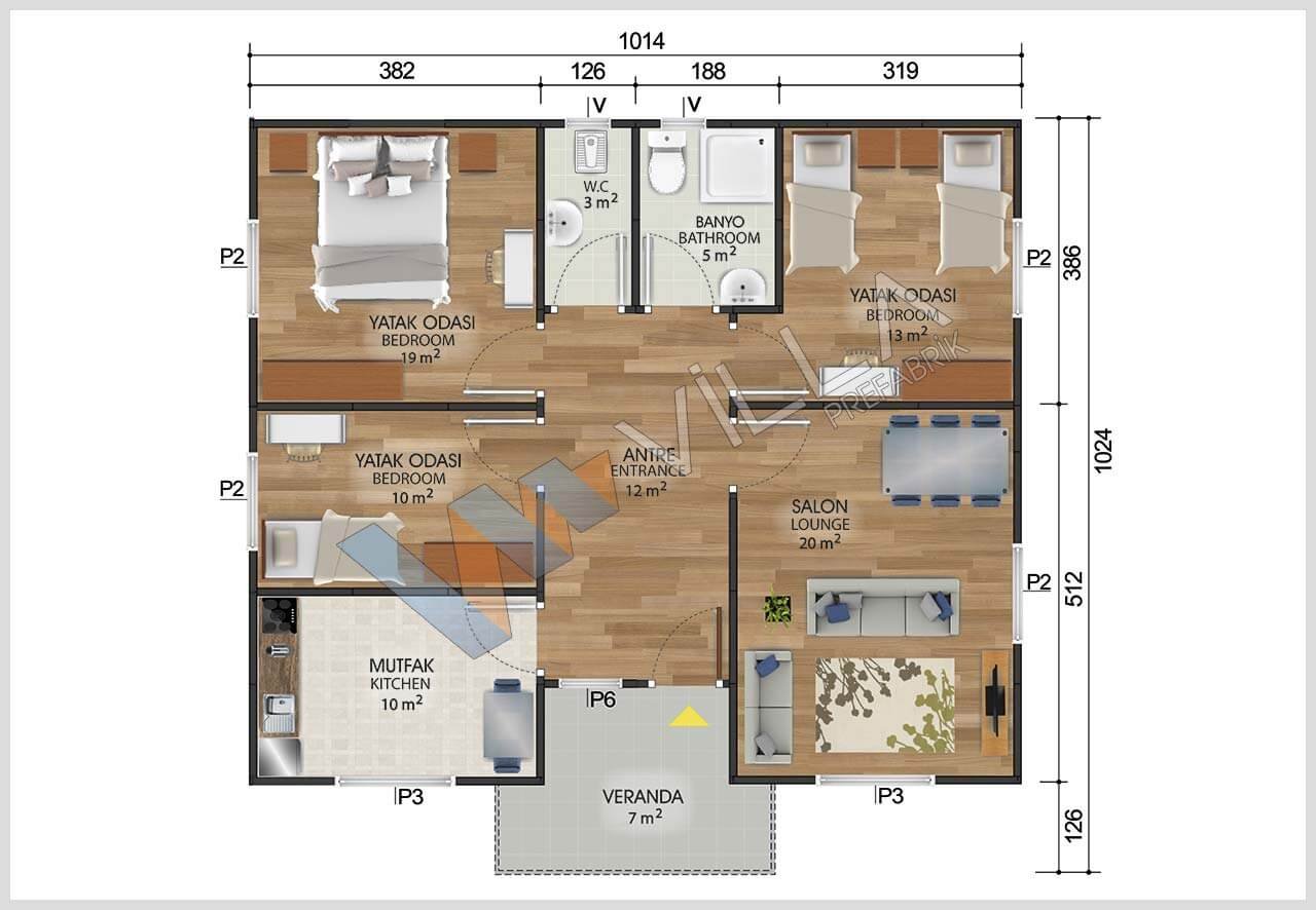 96 m2 OLİMPOS TEK KATLI 3+1 PREFABRİK EV